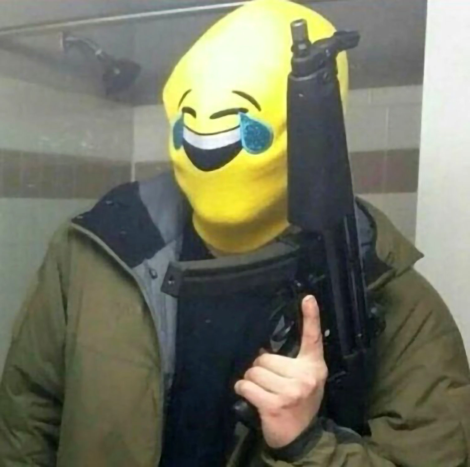 laughing emoji costume gun