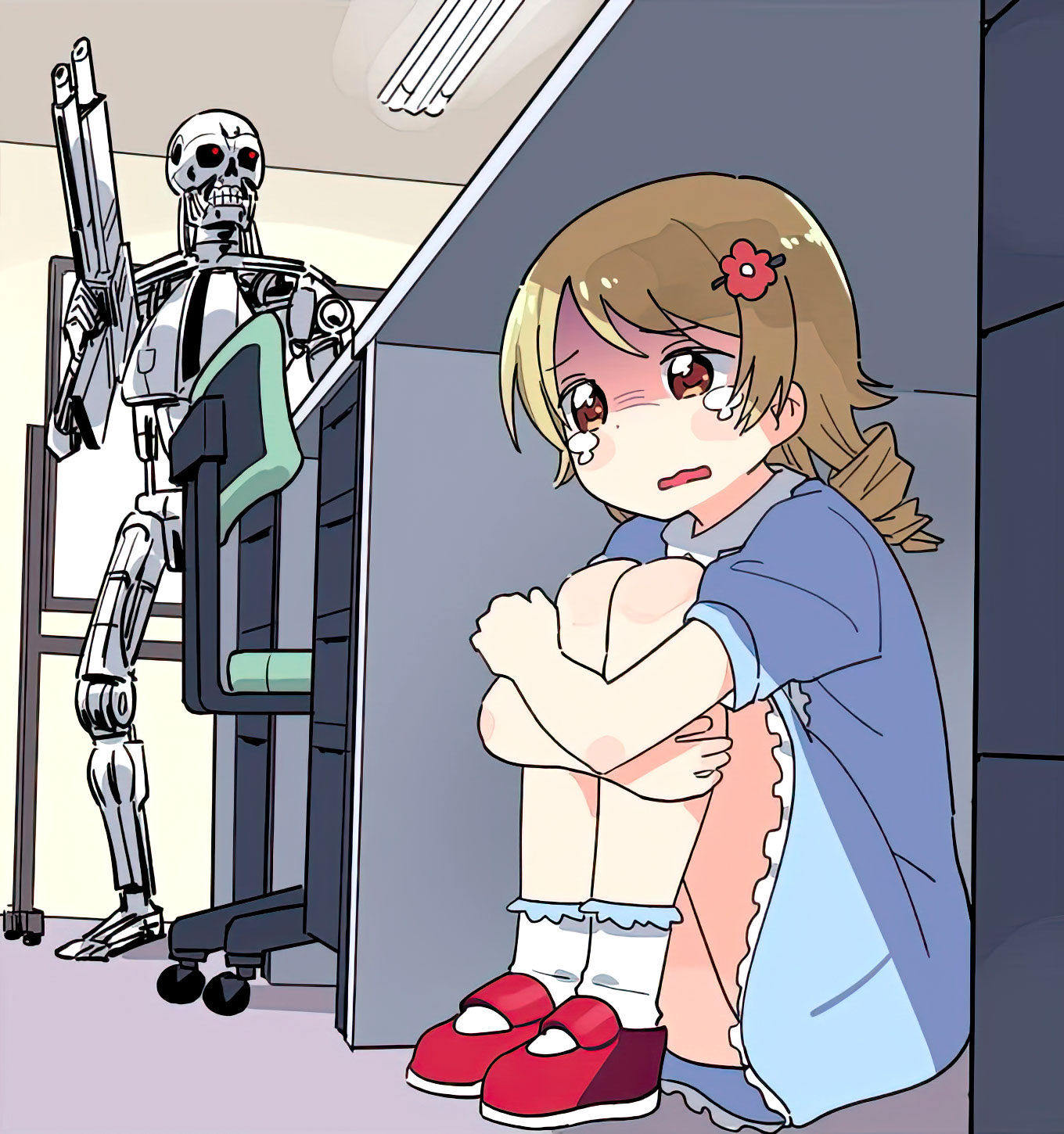 Anime girl hiding from Terminator