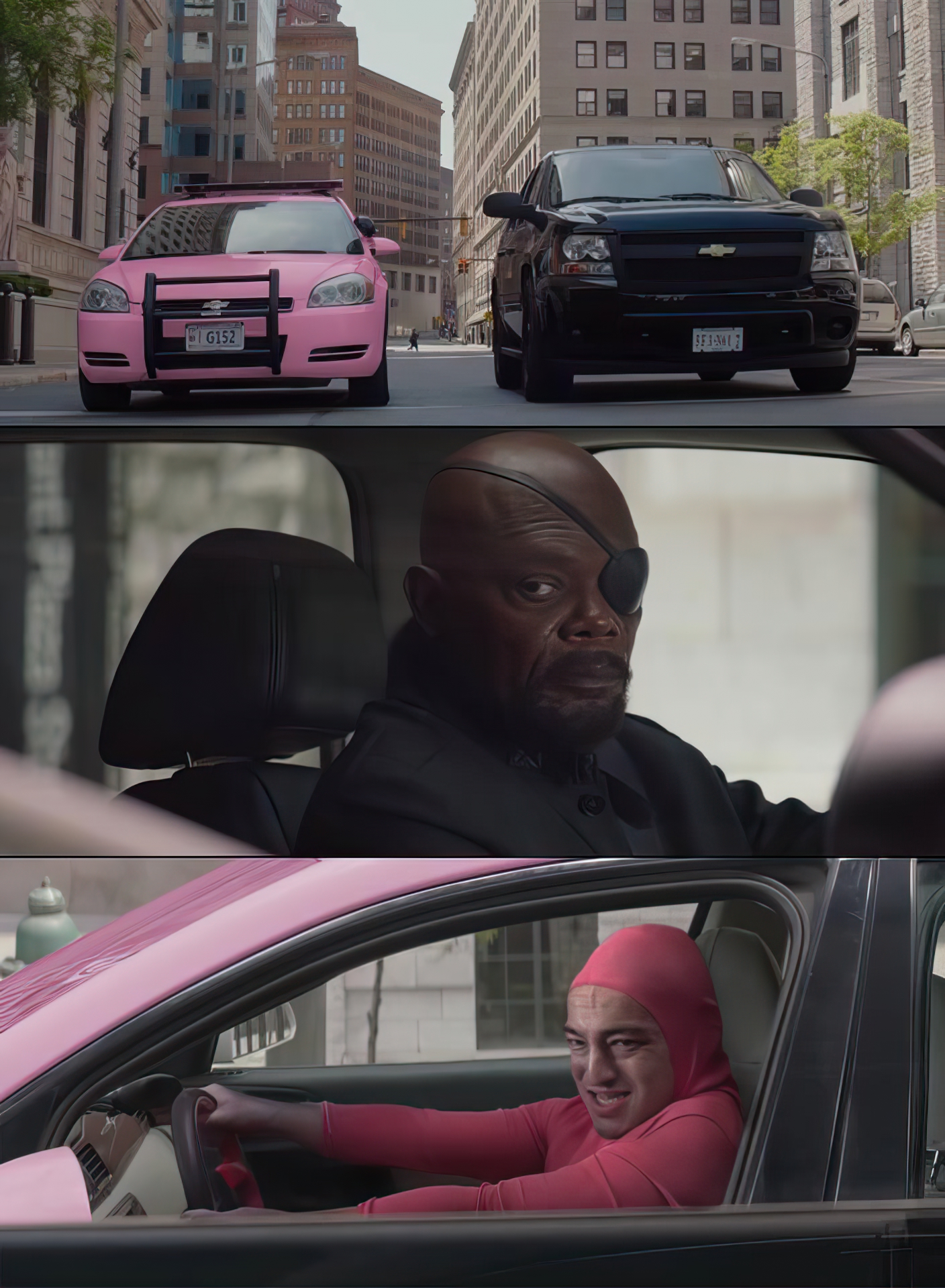 Nick fury looks at pink guy