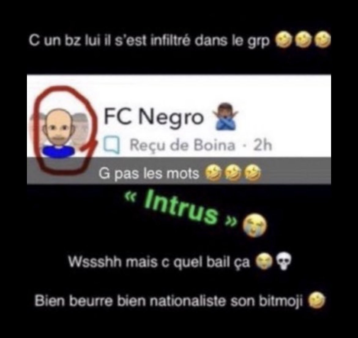 snap C un bz lui il s'est infiltré dans le grp FC Negro G pas les mots Intrus
