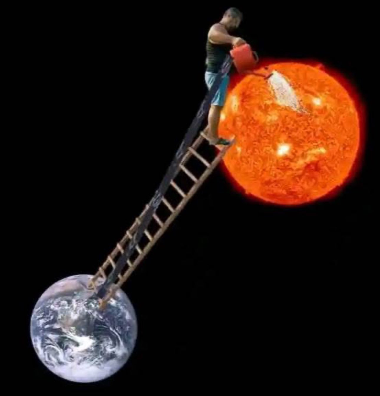 homme qui arrose le soleil avec une échelle depuis la terre