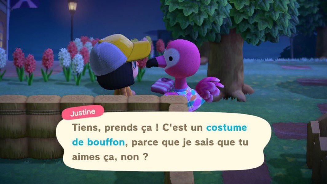 Animal Crossing  Justine Tiens prends ça ! C'est un costume de bouffon, parce que je sais que tu aimes ça, non