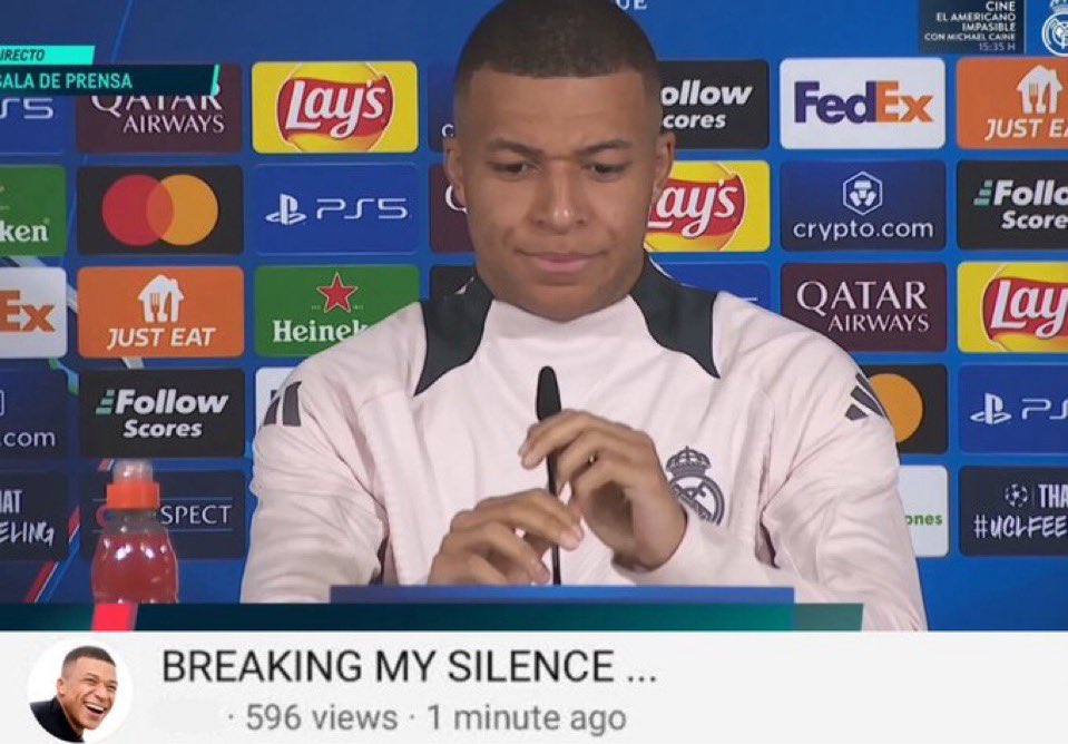 Kylian Mbappé brise le silence ; presse conférence avec logos de sponsors BREAKING MY SILENCE