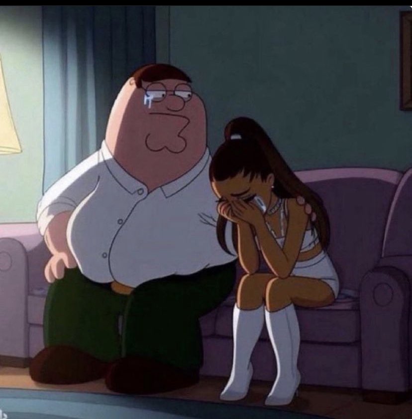 Peter Griffin réconforte une Ariana Grande en larmes ; ambiance triste et réconfortante