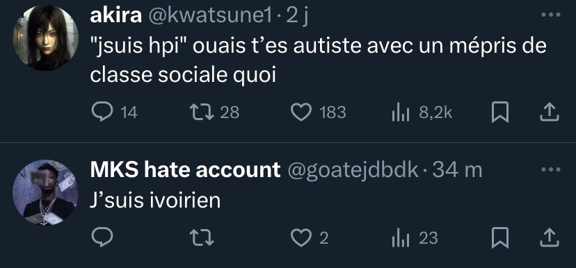 double tweet jsuis hpi ouais t'es autiste avec un mépris de classe sociale quoi, J'suis ivoirien