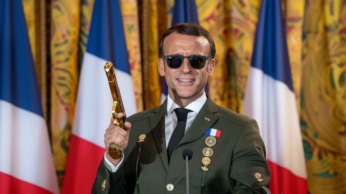 Emmanuel Macron, le président français, brandissant un pistolet doré tout en portant un uniforme et des lunettes de soleil, avec un arrière-plan de drapeaux français