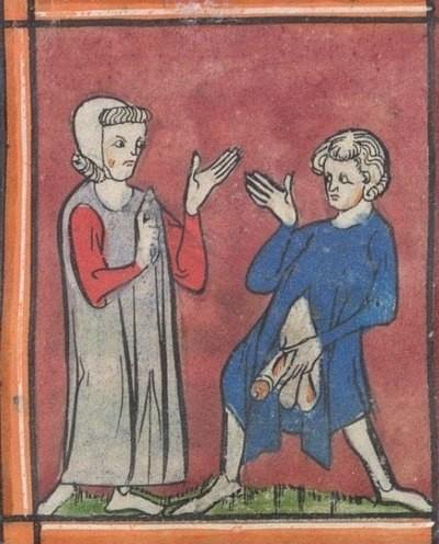 Deux personnes du Moyen Âge se disputent  l'une est en colère, l'autre montre son pénis.