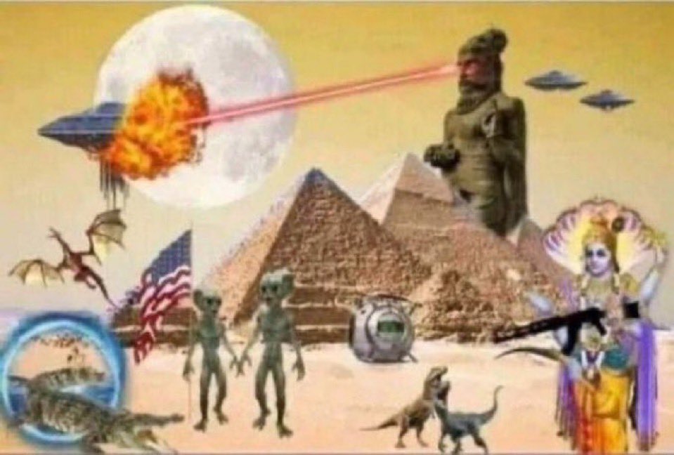 absurdité et le chaos, ufo, les dinosaures, les dieux hindous, les extraterrestres et les pyramides. L'ambiance surréaliste et chaotique