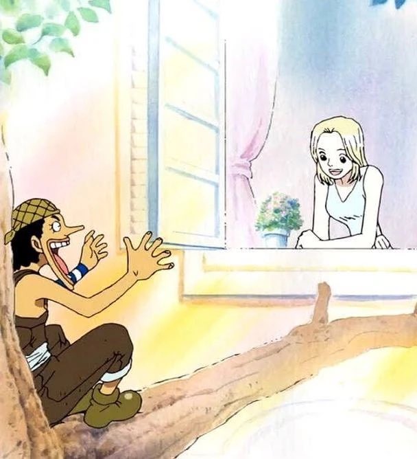 Usopp qui raconte un mensongeà travers une fenêtre sur un arbre
