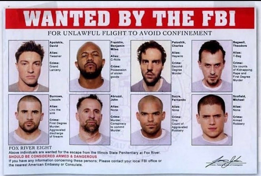 Affiche de recherche du FBI pour les huit fugitifs de Fox River ; ils sont armés et dangereux Prison break