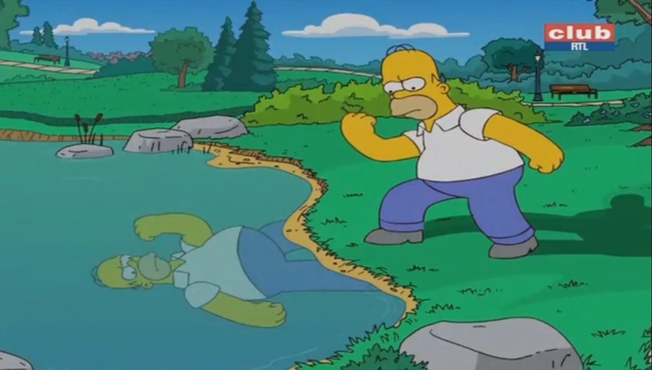 Homer Simpson qui insulte son reflet dans l'eau