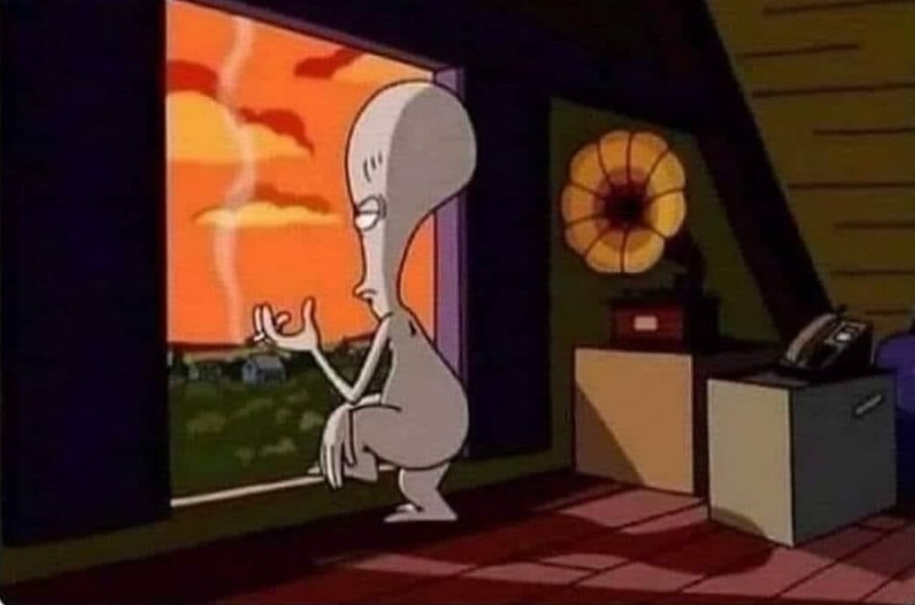 roger depression fume une clope cigarette au balcon