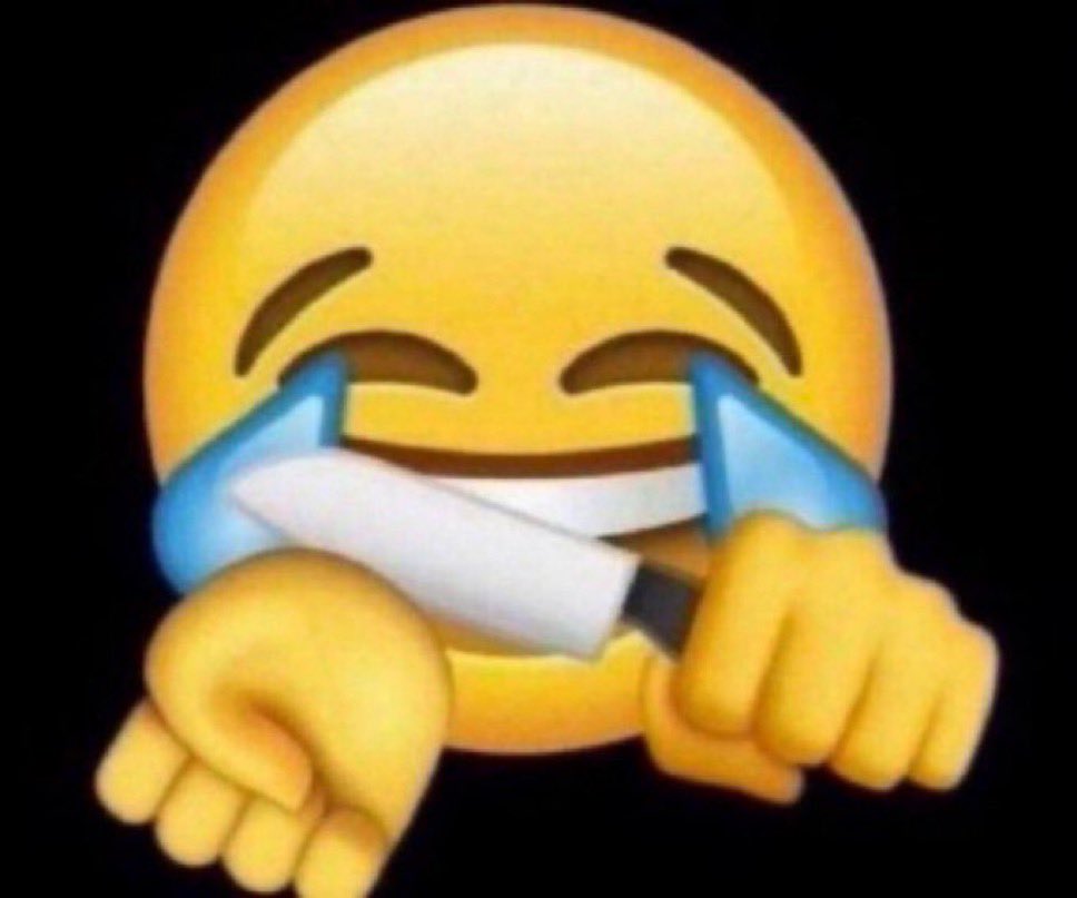 emoji qui pleure de rire en se taillant les veine avec un couteau
