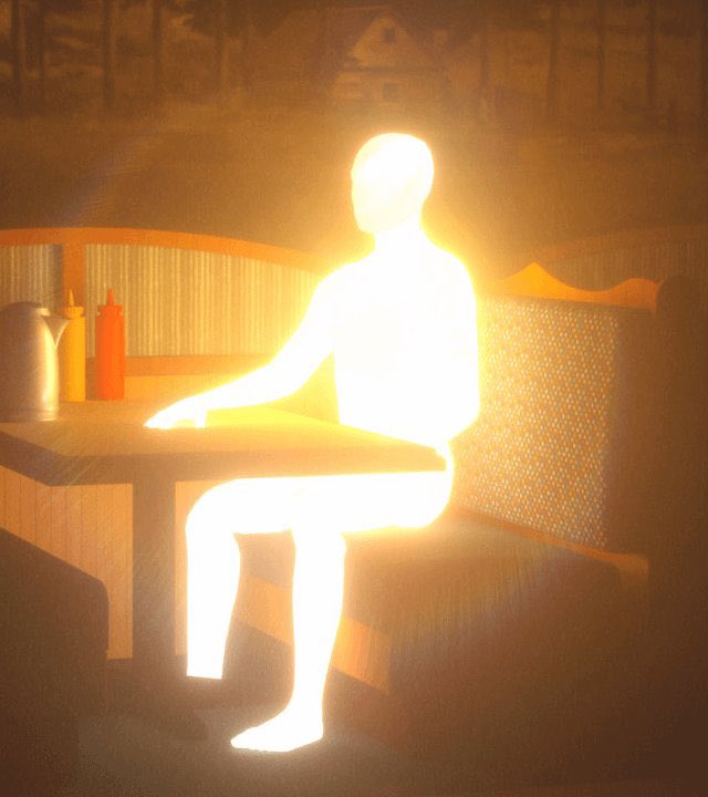 Silhouette lumineuse assise dans un diner – ambiance divine, absurde et paisible à la fois