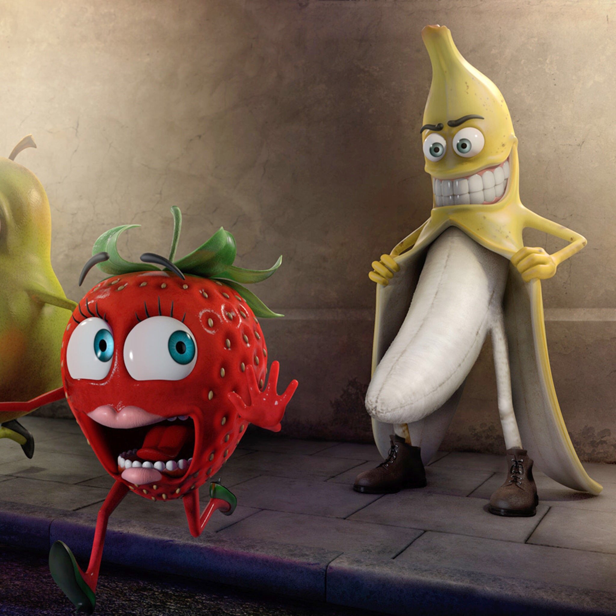 Banane perverse dévoilant son fruit à une fraise terrorisée – humour absurde, animation 3D provocante