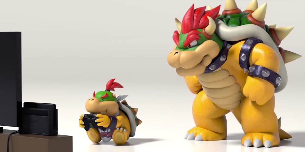 Bowser observe son fils Bowser Junior jouer à la console – contraste entre fierté et frustration parentale, ambiance humoristique