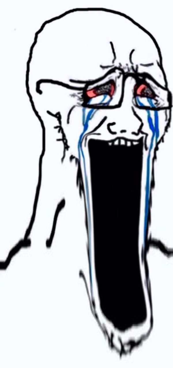 Mème Wojak en détresse extrême avec bouche béante et larmes bleues – ton absurde et émotionnel, style rage comic déformé