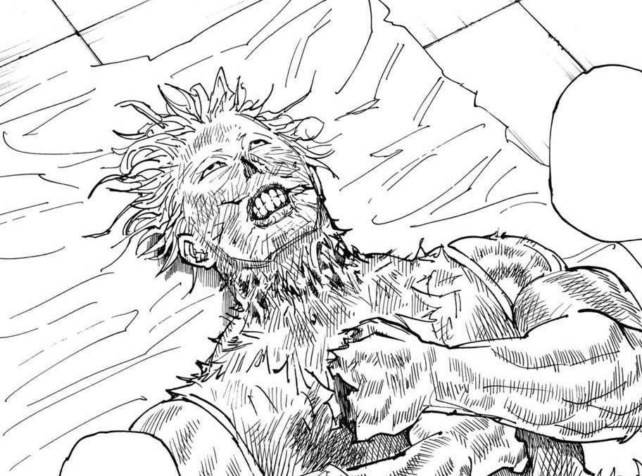 Hisoka HxH Hunter x Hunter Homme à moitié décharné, gisant sur un lit avec une expression de souffrance figée – ambiance choquante, dessin au style manga