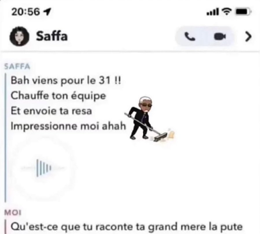 Conversation Snapchat avec invitation au 31 pour ramener une équipe mais subit une réponse violente, Bah viens pour le 31, Chauffre ton équipe, Qu'est-ce que tu raconte ta grand mere la pute
