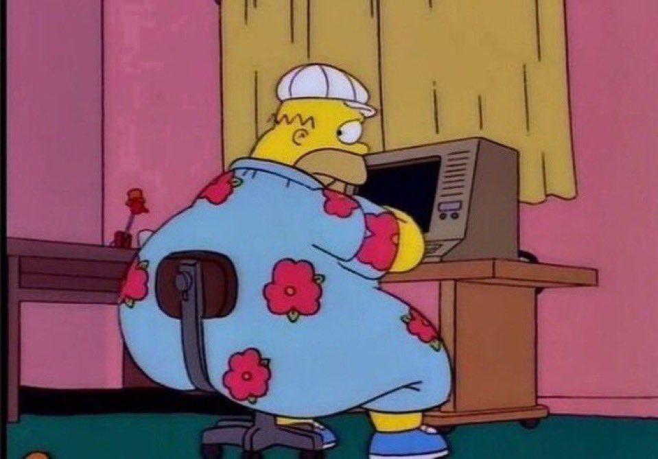 Homer Simpson gros obèse assis en pyjama fleuri devant un ordinateur dans une scène des Simpsons