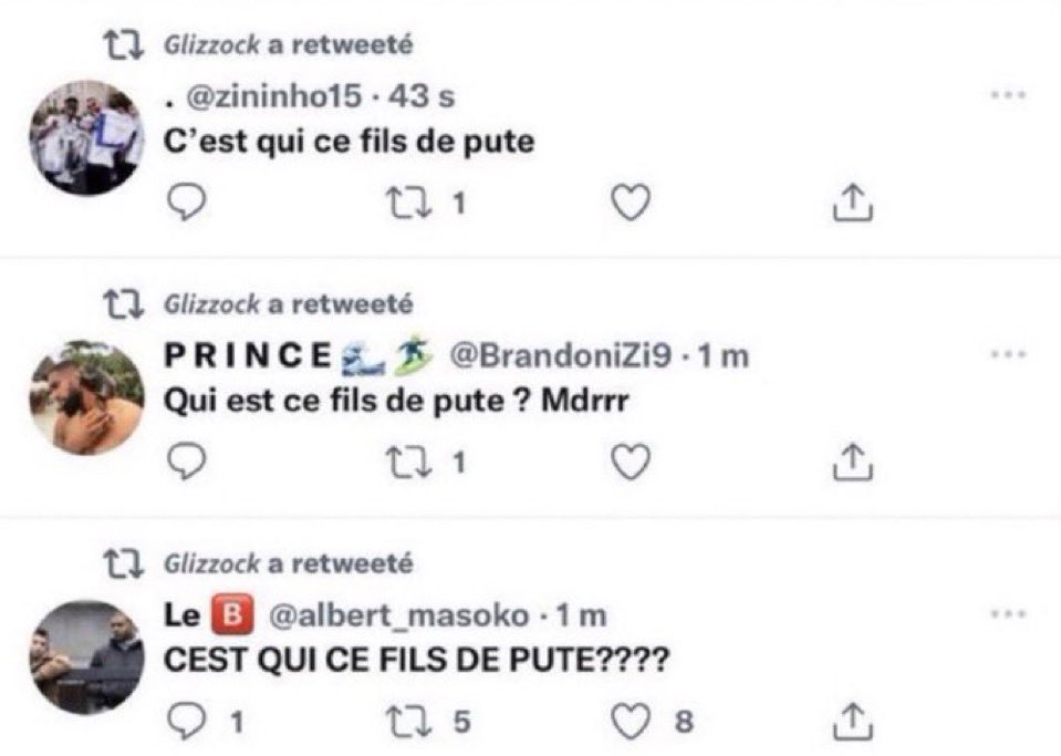 Montage de tweets posant la même question agressive c’est qui ce fils de pute en réaction à un tweet inconnu