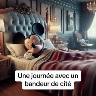 Mickey dort paisiblement dans un lit luxueux avec le texte une journée avec un bandeur de cité