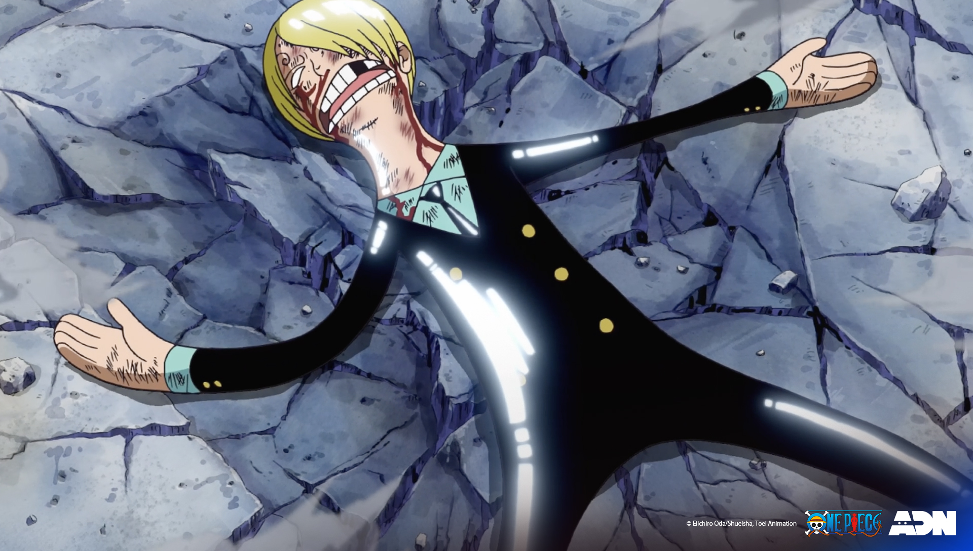 Sanji sous l’emprise du pouvoir de Kalifa corps savonné tout lisse brillant. mème anime, One Piece, Sanji, Kalifa, fruit du démon, savon, corps glissant, moment gênant, scène absurde