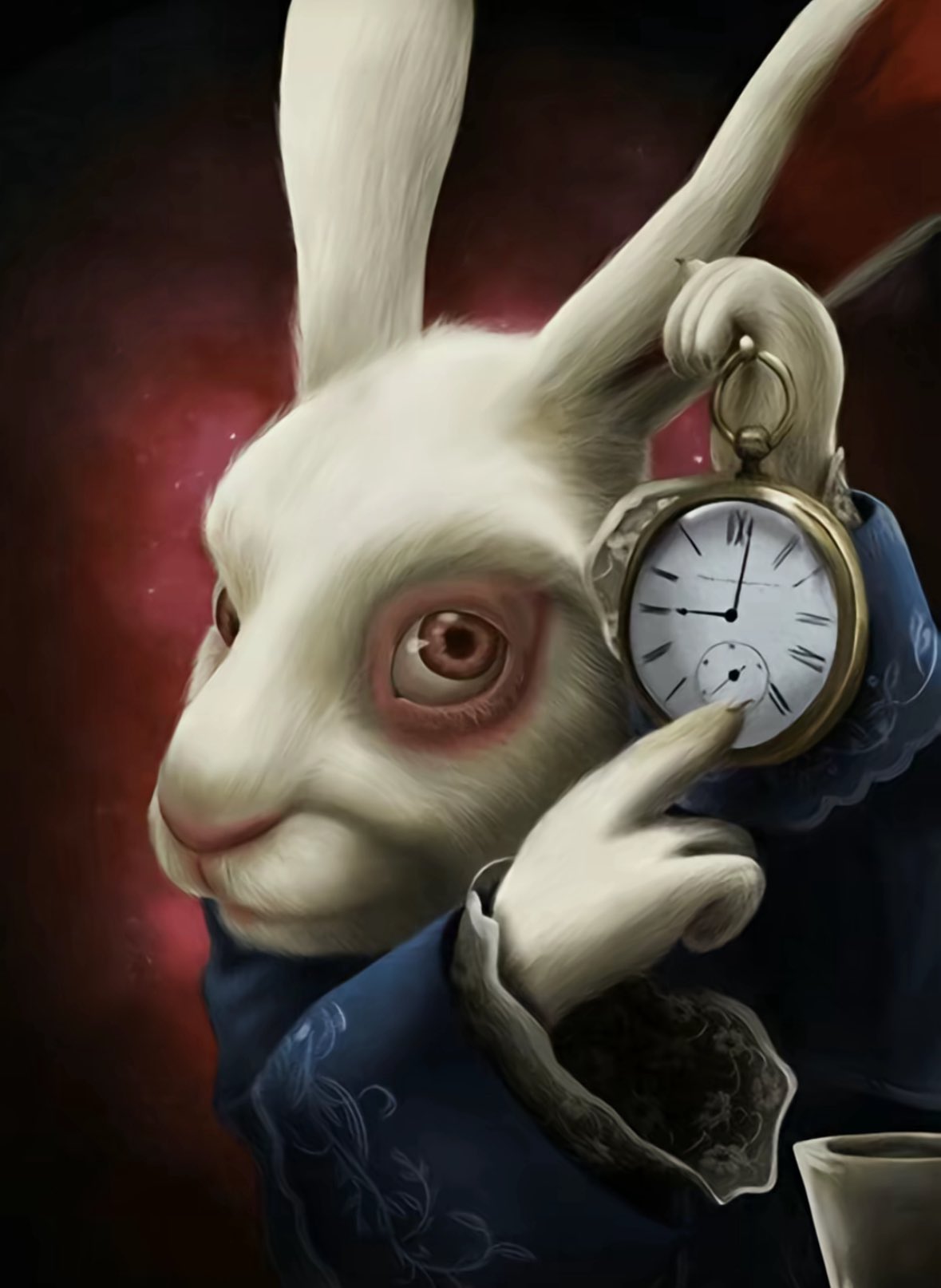 Lapin blanc élégant montrant une montre à gousset, visuel inspiré d’Alice au Pays des Merveilles, indiquant l'heure, c'est le moment, pas de retard possible