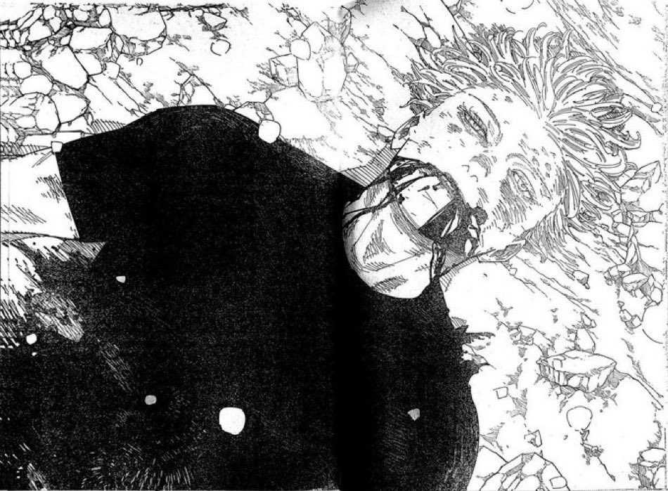 Gojo JJK Jujutsu no Kaisen Personnage de manga allongé au sol, visage blessé, sang à la bouche, ambiance dramatique et macabre