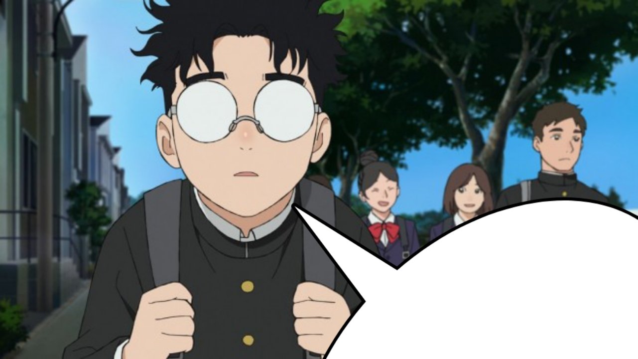 Ken Takakura Garçon d’un anime avec lunettes blanches réfléchissantes, debout devant un lycée avec un espace vide pour texte