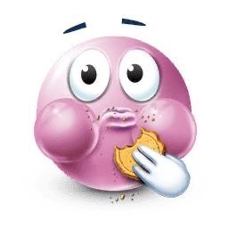 Emoji rose mange un biscuit, les joues gonflées et des miettes sur le visage.