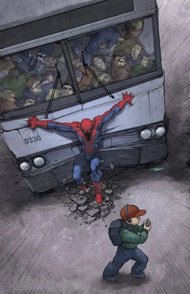 Spider-Man qui retient un bus en pleine rue