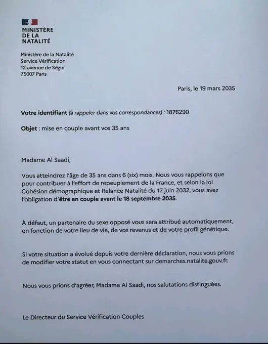 Lettre officielle du Ministère de la Natalité exigeant d'être en couple avant 35 ans