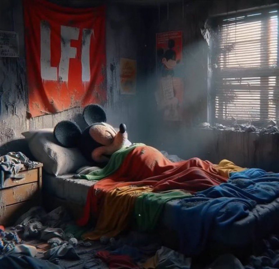 Mickey Mouse endormi sous un drapeau LFI dans une chambre en ruine