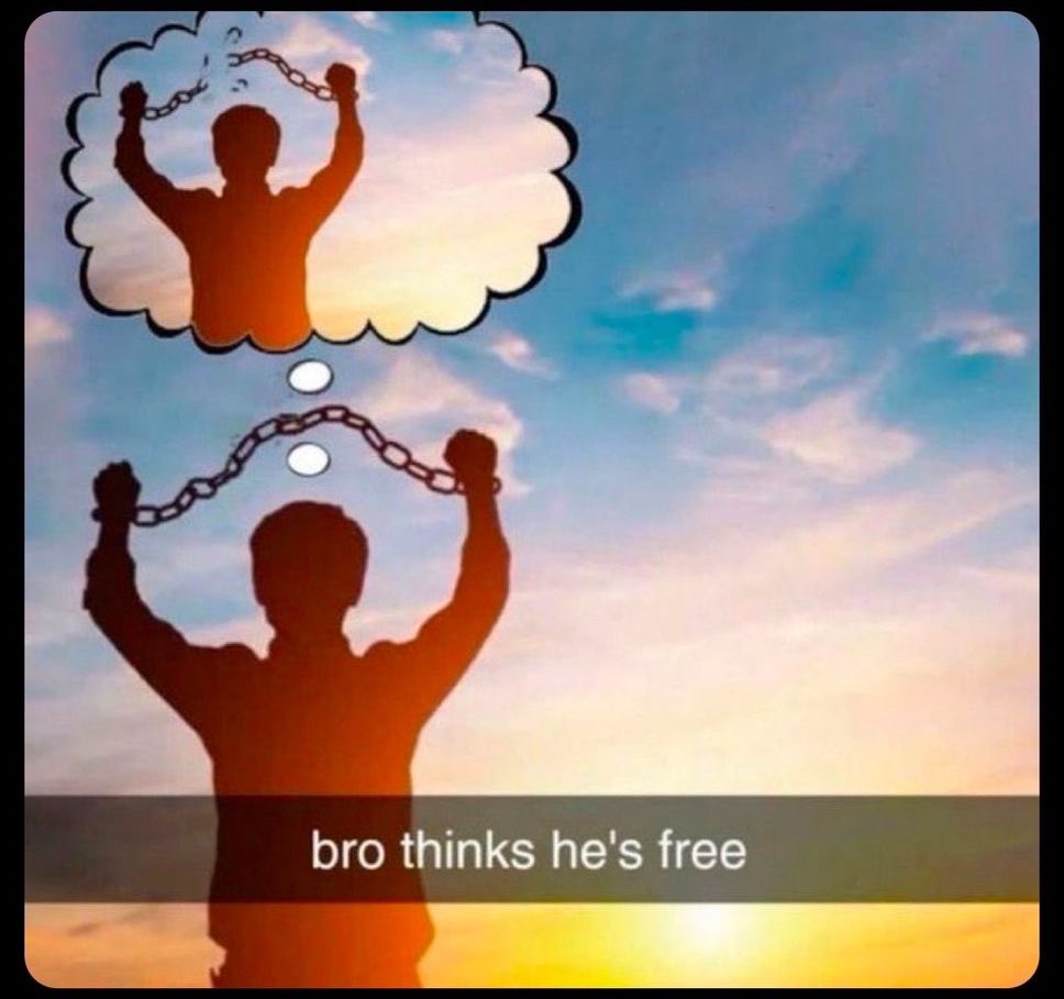 Homme avec chaînes levées pensant être libre bro thinks he's free
