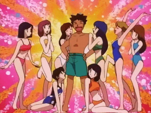 Pierre entoure de femmes en maillot de bain Pokemon