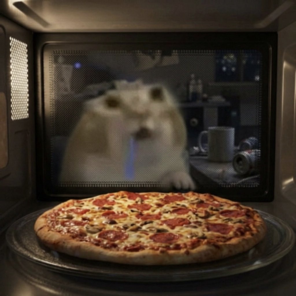 Chat débile qui regarde un pizza dans le micro-ondes