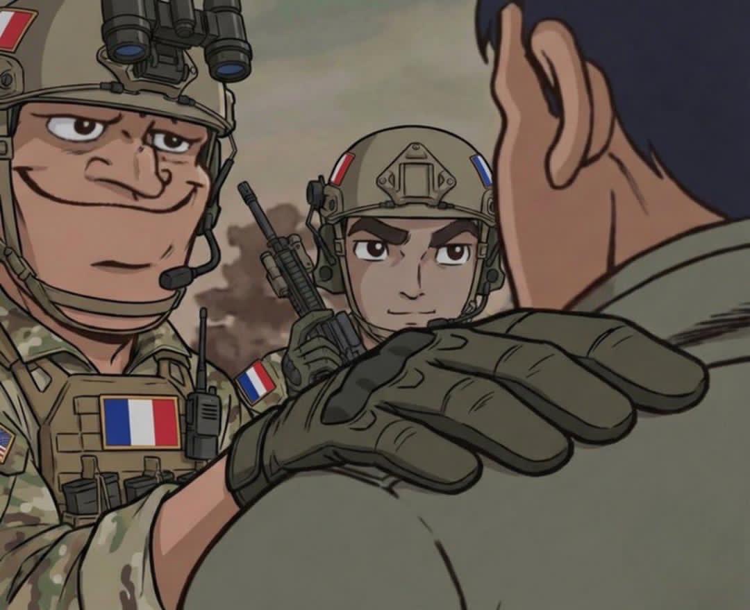 Soldats français en tenue militaire qui rassurent quelque pour lui révéler une vérité