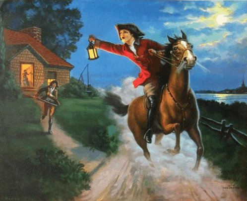 Homme en uniforme rouge chevauchant un cheval avec lanterne pour avertir la population