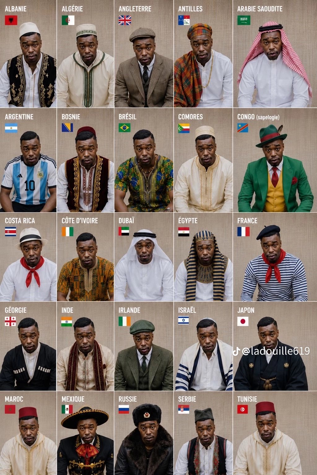 Hommes en costumes traditionnels pour chaque pays
