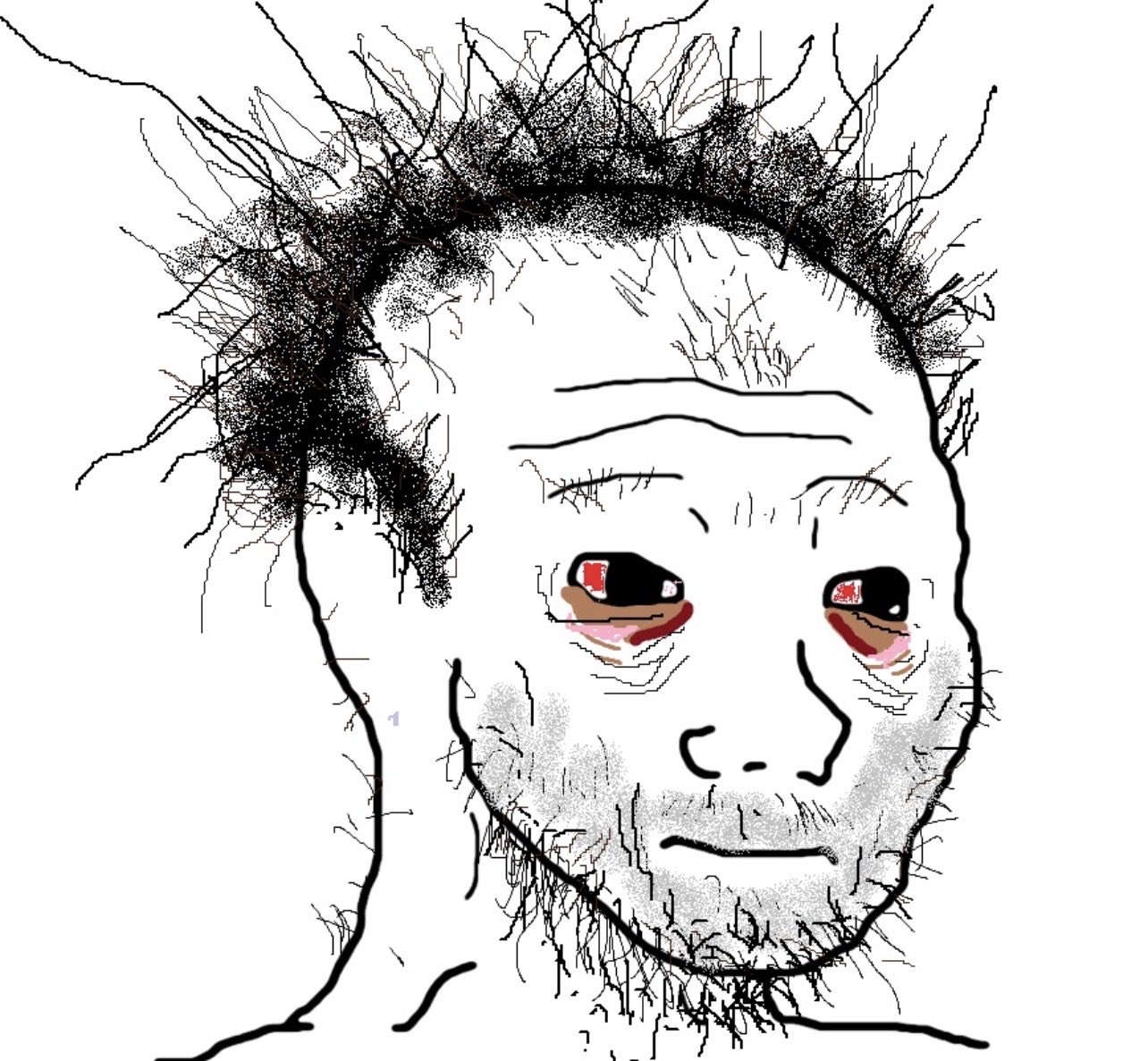 Wojak Visage avec yeux rouges et cheveux en broussaille