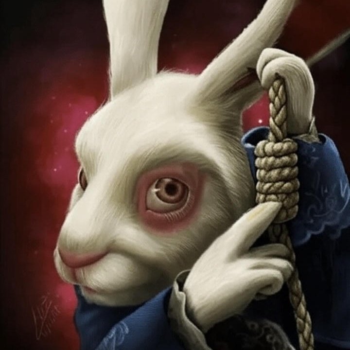Lapin blanc tenant une corde pour aller se pendre