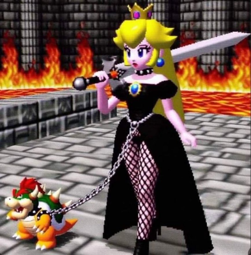 Princesse Peach gothique tenant en laisse Bowser Jr.