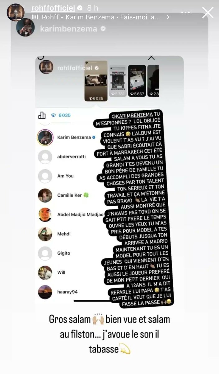 Story Instagram Rohff, @KARIMBENZEMA Tu m'espionnes ? Lol obligé tu kiffes fitna jte connais