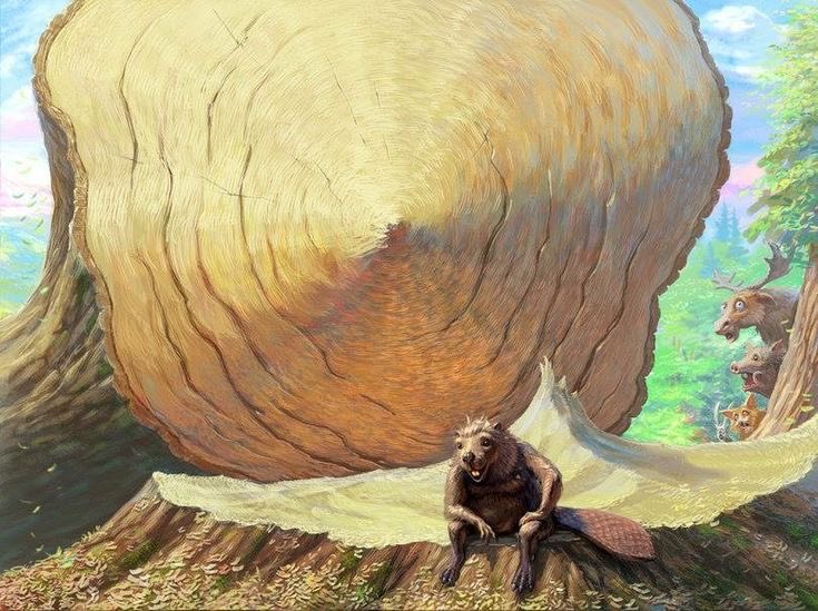 Un castor contemple un arbre géant qu'il vient de couper