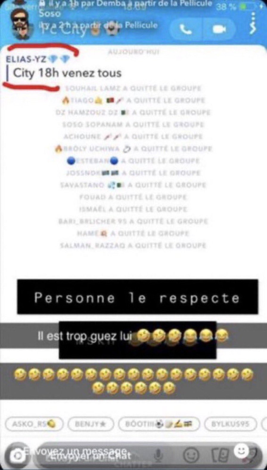 snapchat - Elias-YZ invite tout le monde sur Snapchat et tout le groupe quitte la conversation