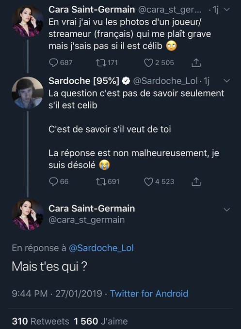 Sardoche se fait recadrer par Cara Saint-Germain sur Twitter, Mais t'es qui ?