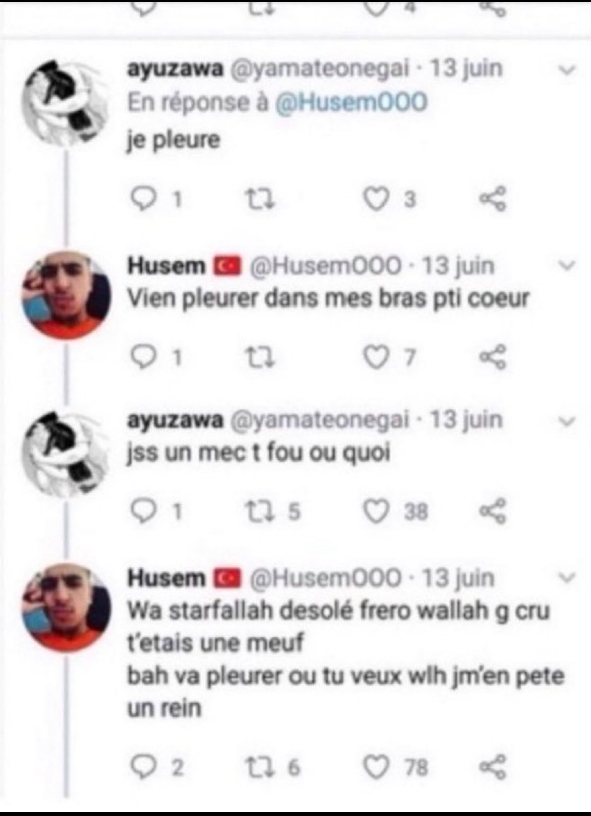 Tweet - Viens pleurer dans mes bras pti coeur, jss un mec t fou ou quoi, wa starfallah désolé fréro wallah g cru t'étais une meuf bah va pleurer ou tu veux wlh jm'en pete un rein
