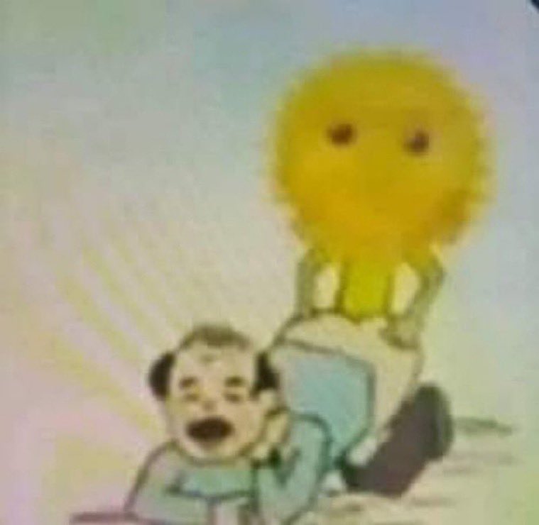 Un soleil anthropomorphe prend un homme par derrière