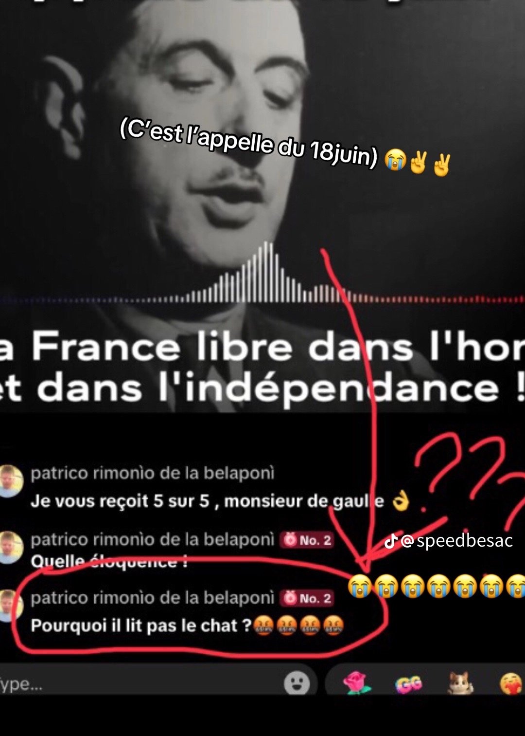 TikTok - Un utilisateur demande pourquoi Charles de Gaulle ne lit pas le chat pendant l'appel du 18 juin